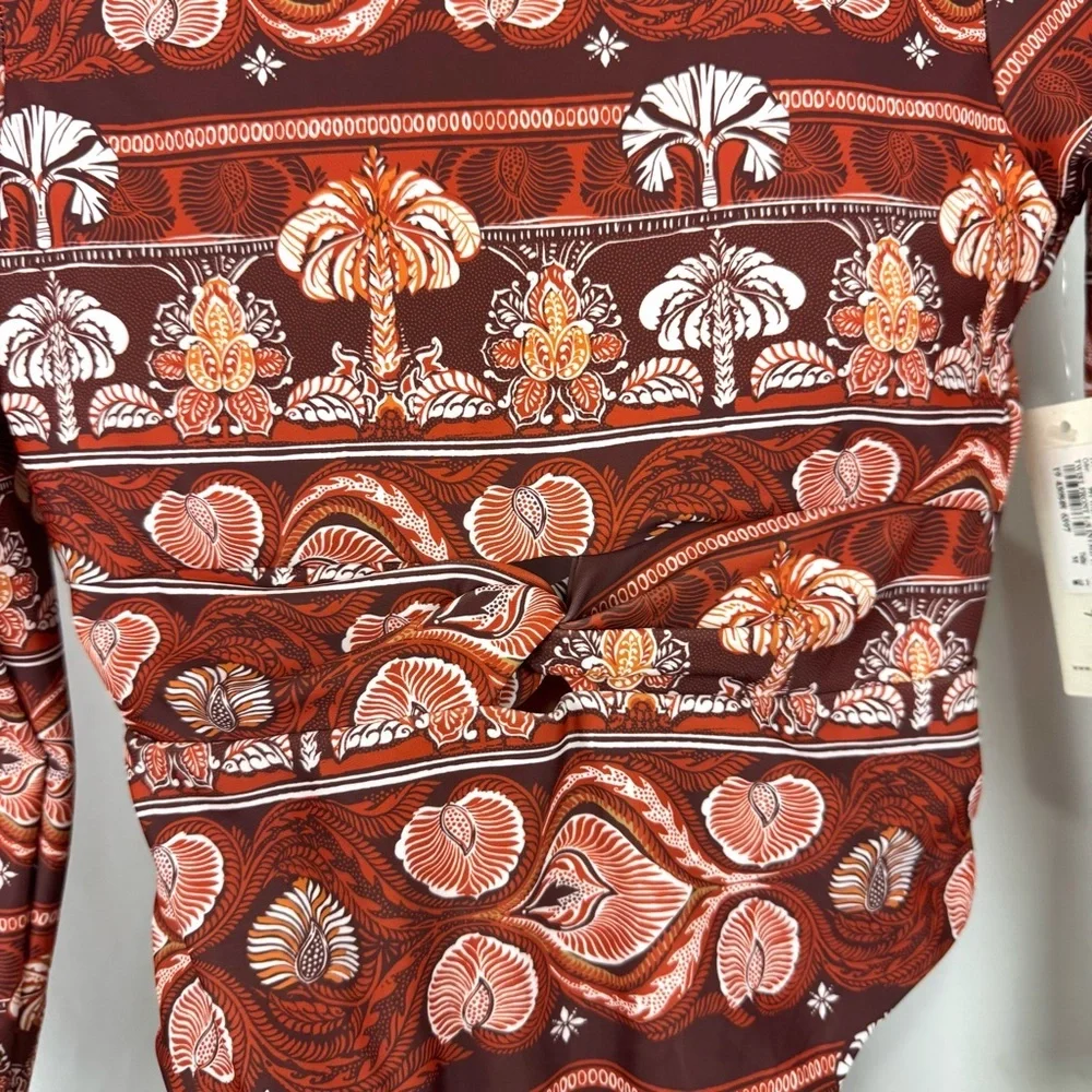 NWT Phax Sz M One Piece Printed Swimsuit Front Twist Stretch Long Sleeve Orange
